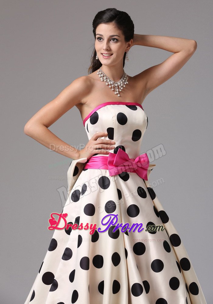 White and Black A-line Prom Evening Dress with Bows and Polka Dots