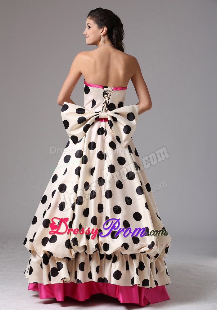 White and Black A-line Prom Evening Dress with Bows and Polka Dots