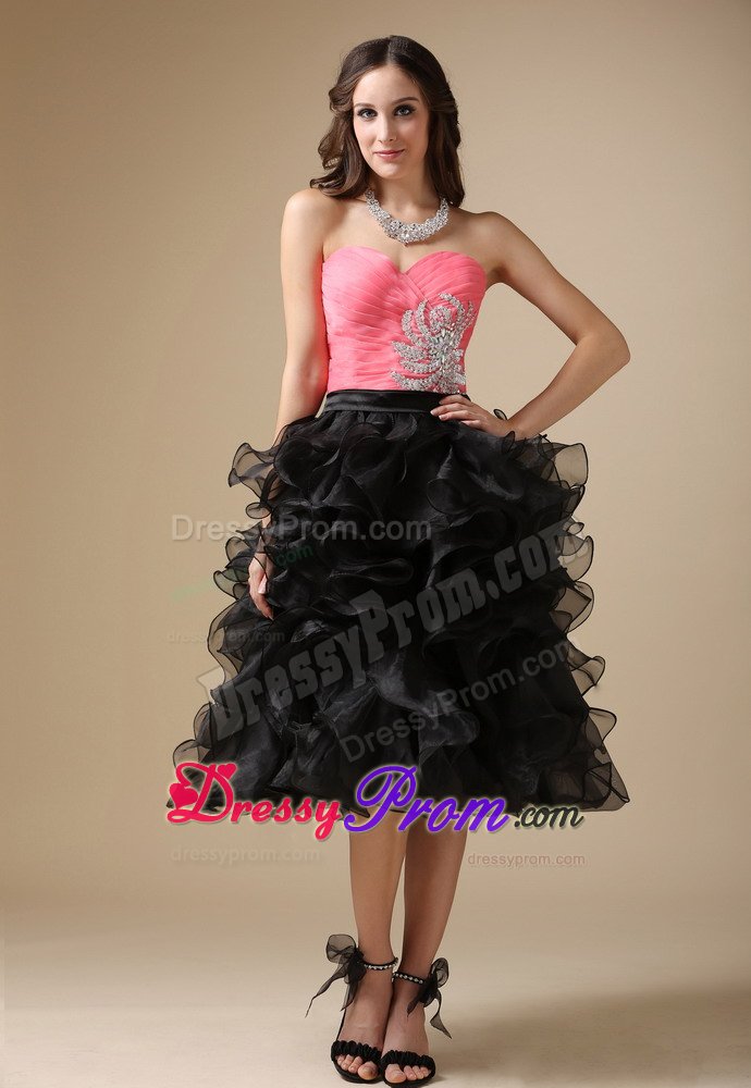 Ruffled Beaded Tea Length Prom Gown Dress in Watermelon and Black