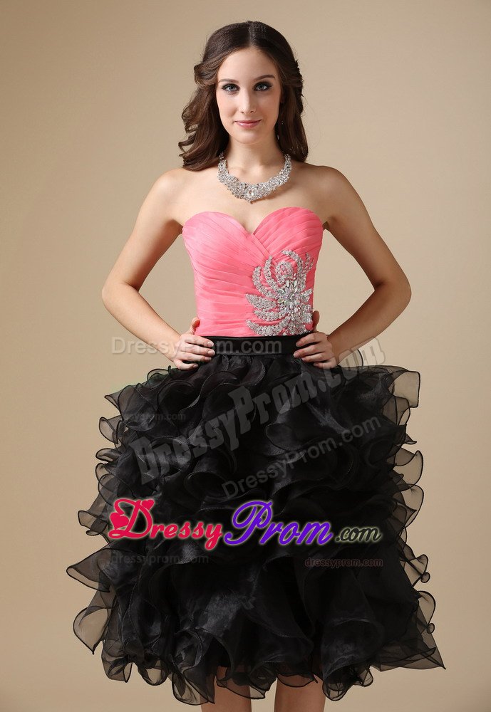 Ruffled Beaded Tea Length Prom Gown Dress in Watermelon and Black