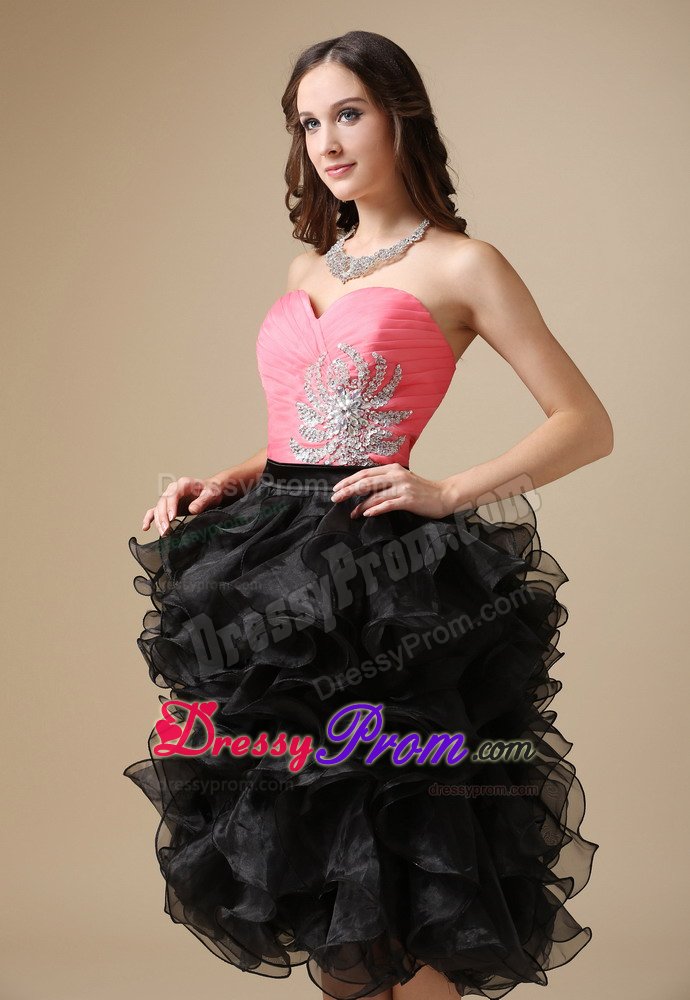 Ruffled Beaded Tea Length Prom Gown Dress in Watermelon and Black