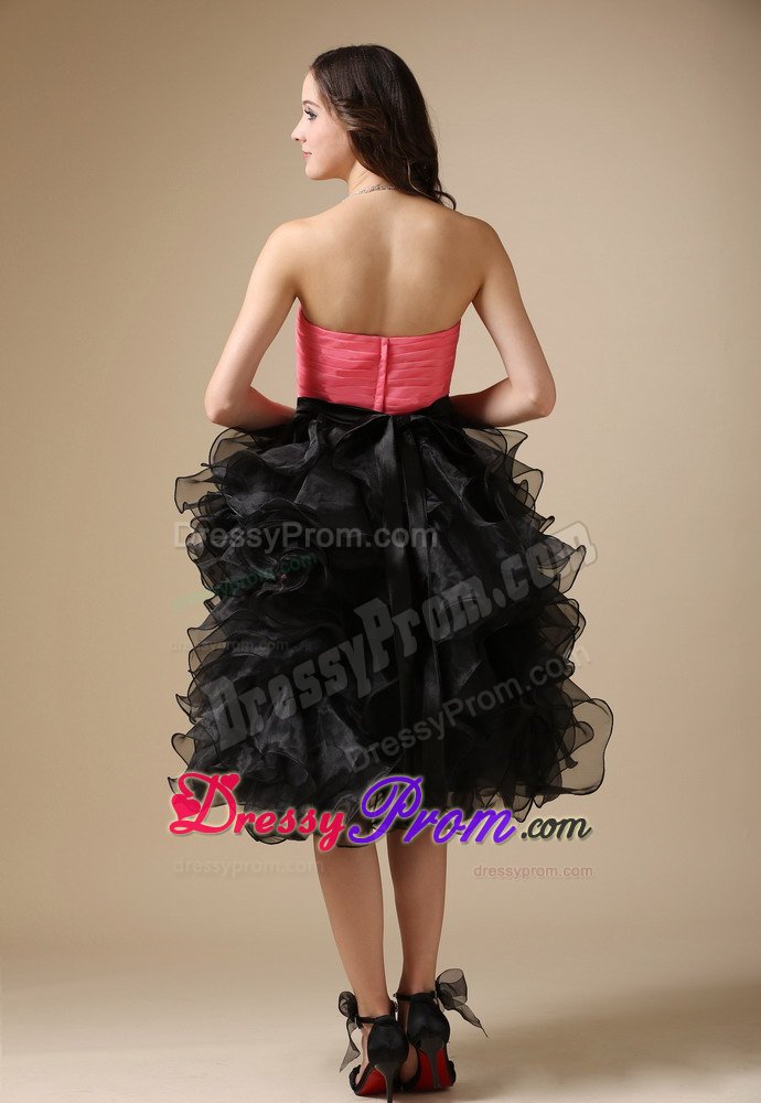 Ruffled Beaded Tea Length Prom Gown Dress in Watermelon and Black