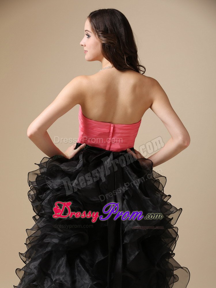 Ruffled Beaded Tea Length Prom Gown Dress in Watermelon and Black