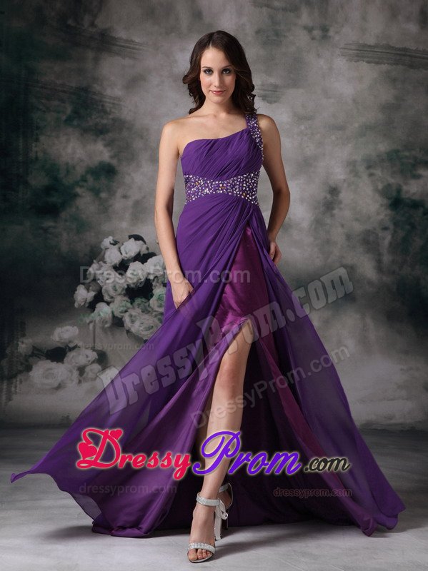 Purple High Slit One Shoulder Prom Gown Dress with Beading 2014