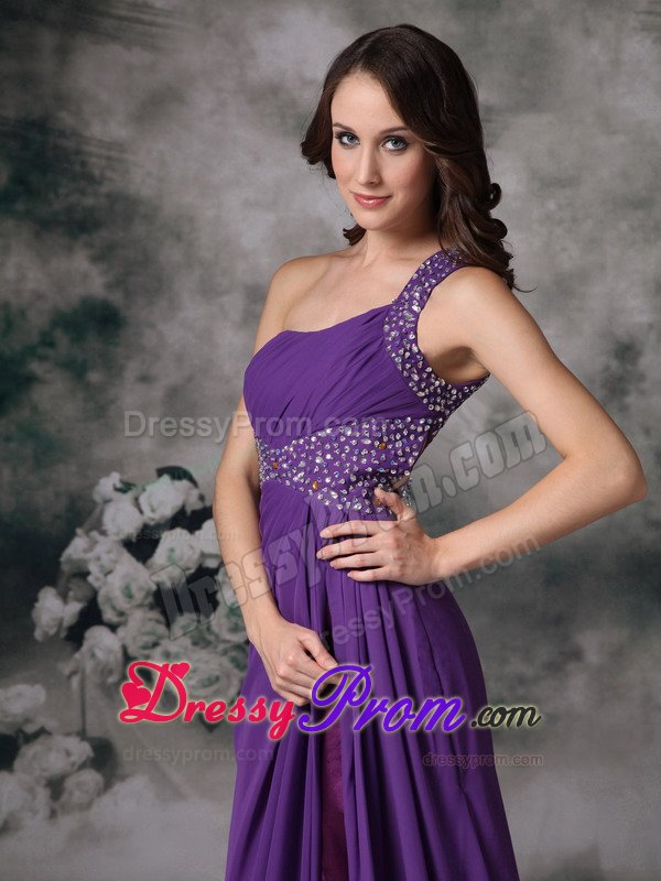 Purple High Slit One Shoulder Prom Gown Dress with Beading 2014