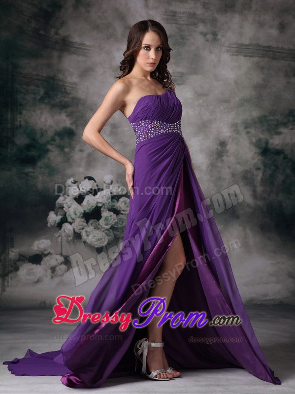 Purple High Slit One Shoulder Prom Gown Dress with Beading 2014