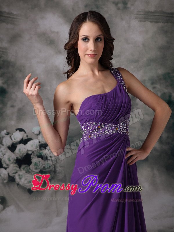 Purple High Slit One Shoulder Prom Gown Dress with Beading 2014