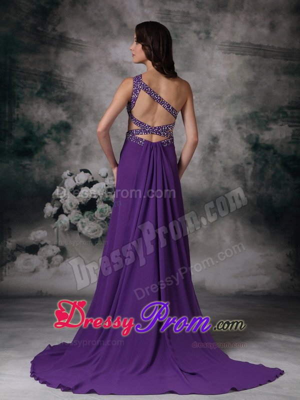 Purple High Slit One Shoulder Prom Gown Dress with Beading 2014