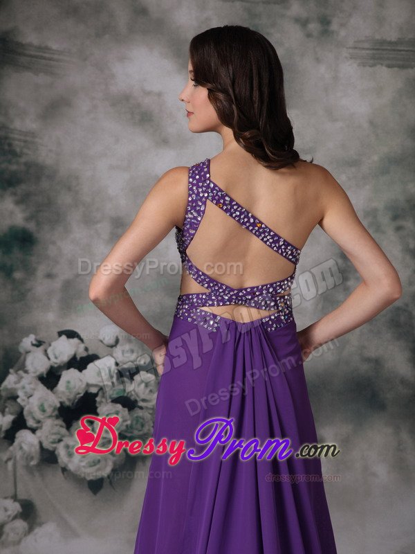 Purple High Slit One Shoulder Prom Gown Dress with Beading 2014