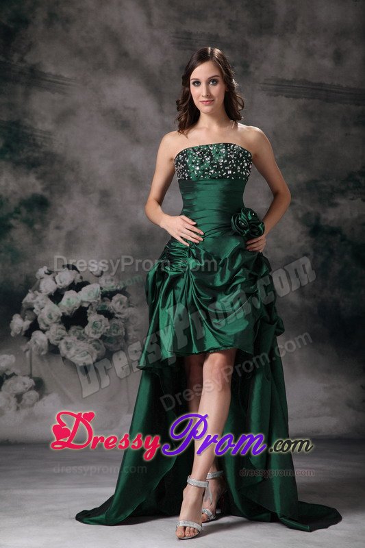 Hunter Green High-low Prom Gown Dress with Beading and Ruches