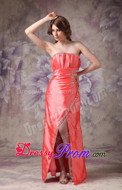 Beaded and Ruched Strapless Long Prom Gown Dress in Watermelon