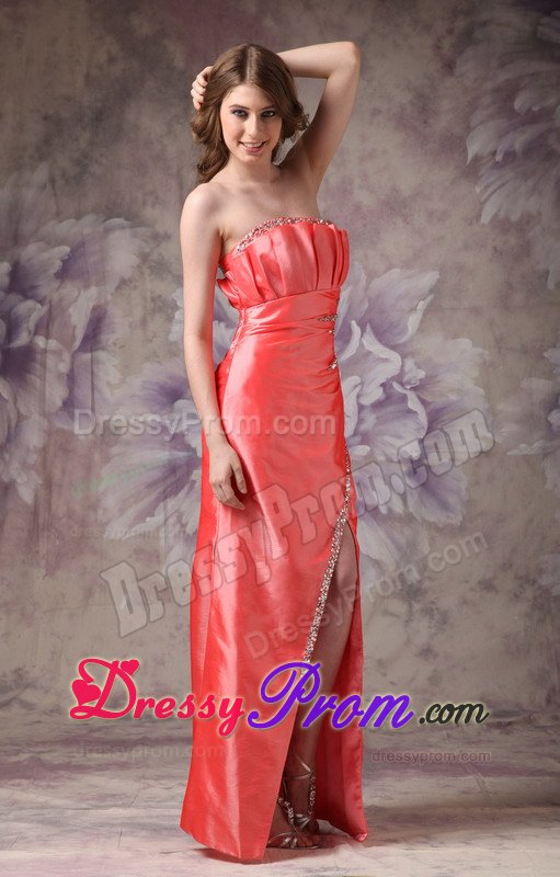 Beaded and Ruched Strapless Long Prom Gown Dress in Watermelon