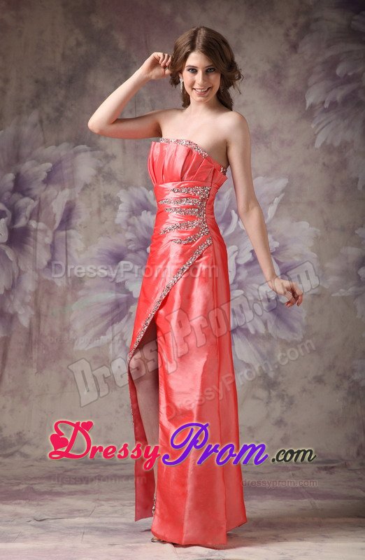 Beaded and Ruched Strapless Long Prom Gown Dress in Watermelon