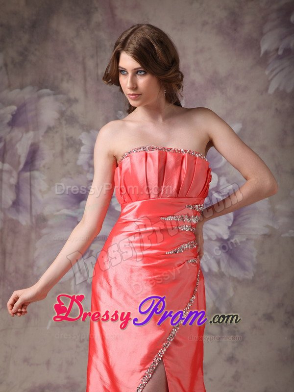 Beaded and Ruched Strapless Long Prom Gown Dress in Watermelon