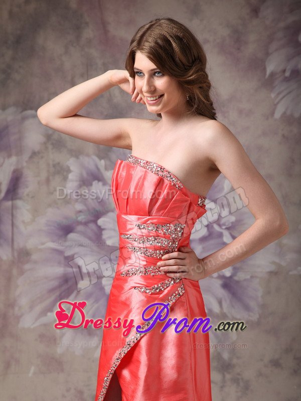 Beaded and Ruched Strapless Long Prom Gown Dress in Watermelon