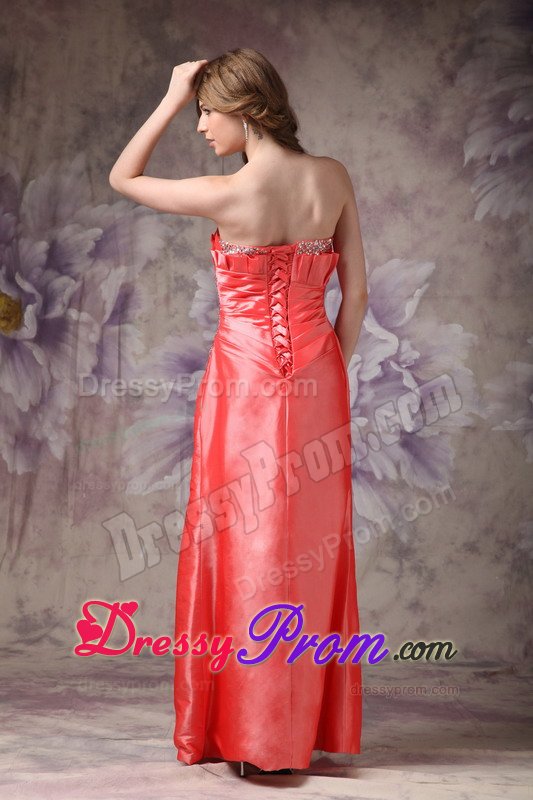 Beaded and Ruched Strapless Long Prom Gown Dress in Watermelon