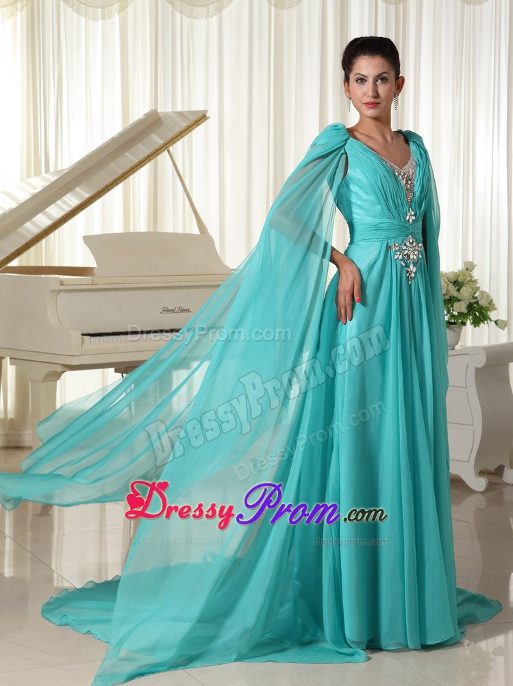 Beaded and Ruched Turquoise V-neck Prom Gown Dress Watteau Train