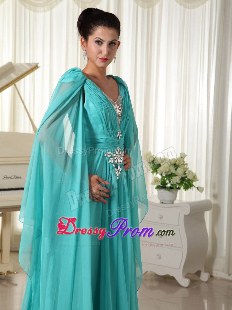 Beaded and Ruched Turquoise V-neck Prom Gown Dress Watteau Train