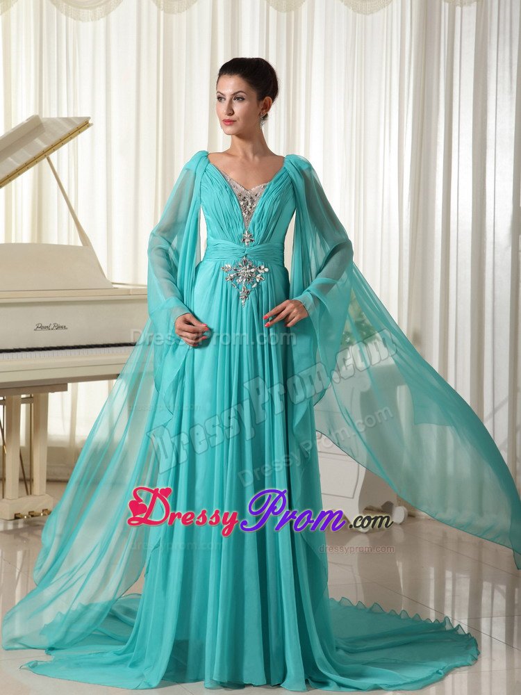 Beaded and Ruched Turquoise V-neck Prom Gown Dress Watteau Train