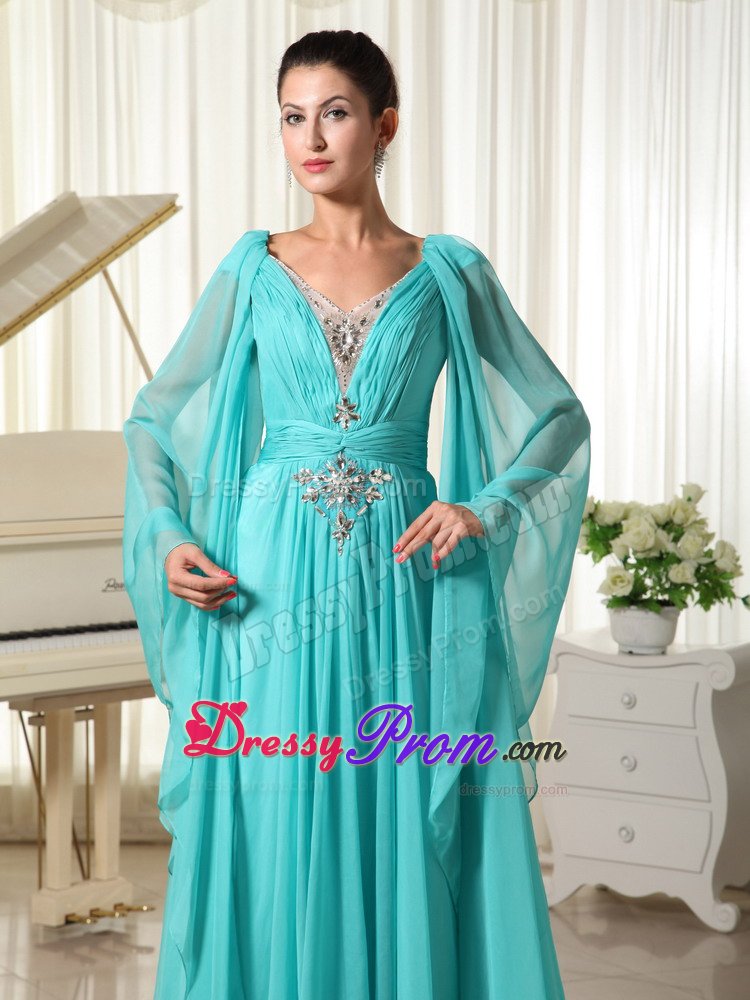 Beaded and Ruched Turquoise V-neck Prom Gown Dress Watteau Train