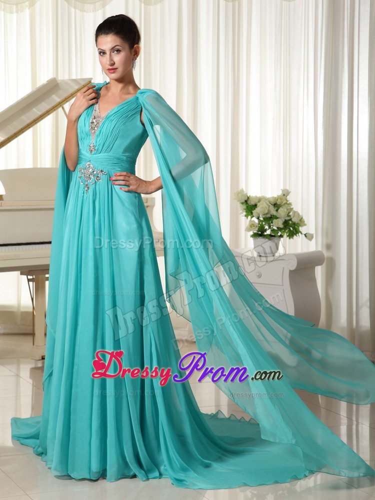 Beaded and Ruched Turquoise V-neck Prom Gown Dress Watteau Train