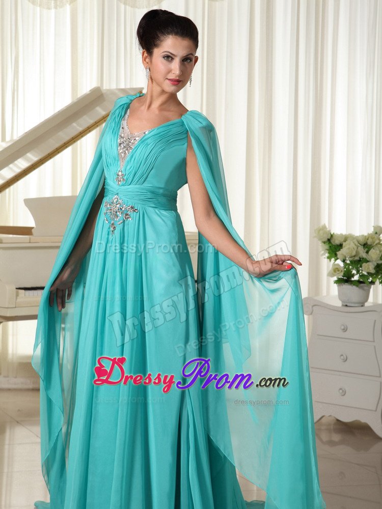 Beaded and Ruched Turquoise V-neck Prom Gown Dress Watteau Train