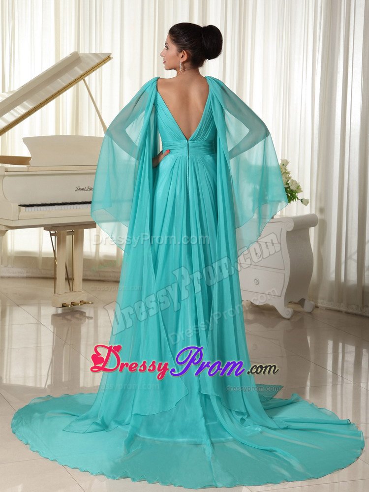 Beaded and Ruched Turquoise V-neck Prom Gown Dress Watteau Train