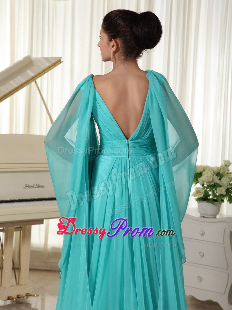 Beaded and Ruched Turquoise V-neck Prom Gown Dress Watteau Train