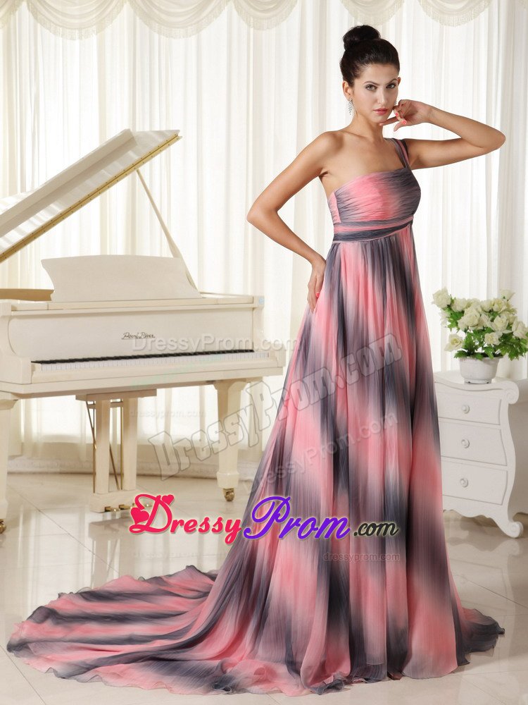 Ombre Color One Shoulder Prom Gown Dress with Court Train 2014