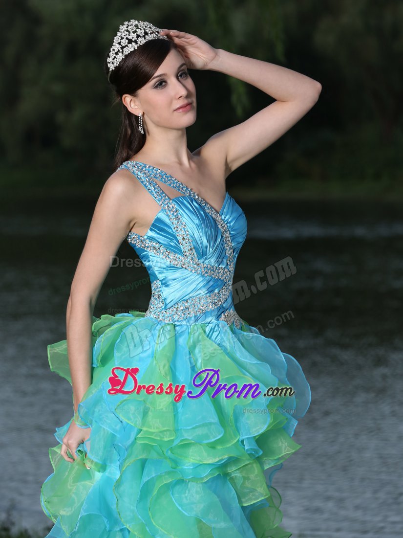 Blue and Bud Green One Shoulder High-low Beaded Ruffled Prom Dress