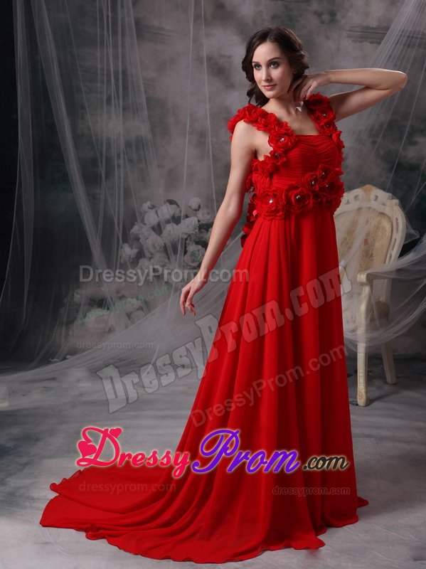Flowers and Ruches Accent Red Prom Dresses with Brush Train 2014
