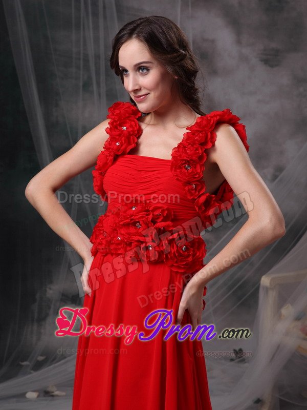 Flowers and Ruches Accent Red Prom Dresses with Brush Train 2014