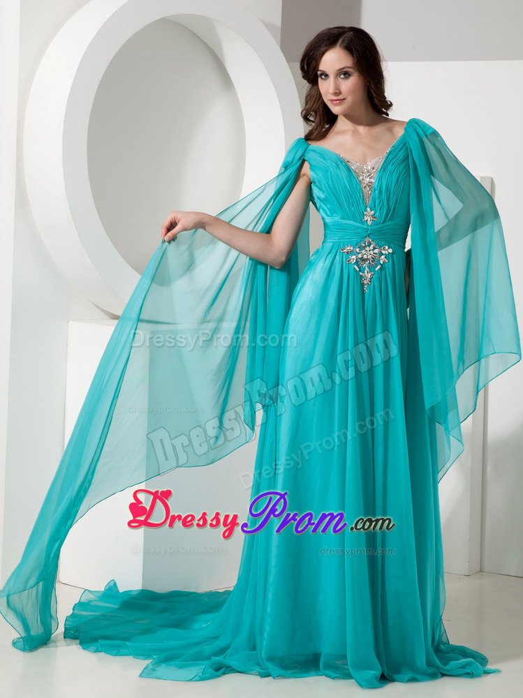 Turquoise Empire Watteau Train Prom Gown Dress with Long Sleeves