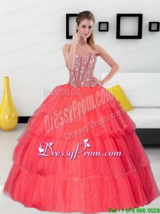 Flirting Beading and Ruffled Layers Sweetheart Coral Red Quinceanera Dresses for 2015