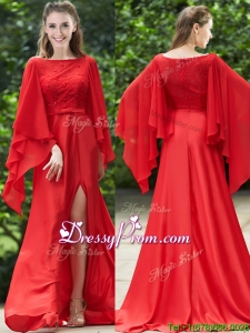 Pretty Bateau Long Sleeves Red Dama Dress with Beading and High Slit