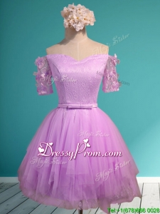 Sweet Lilac Off the Shoulder Short Sleeves Dama Dress with Appliques and Belt