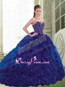 Elegant 2015 Sweetheart Beading and Ruffles Navy Blue Quinceanera Dresses