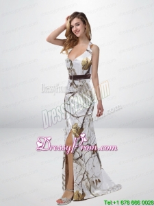 Popular Column Halter Top Camo Prom Dresses with Sashes