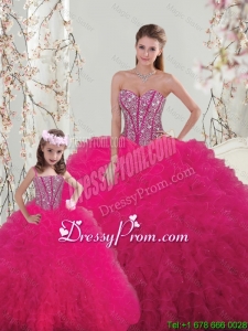 2016 Spring Classical Ball Gown Beaded and Ruffles Macthing Sister Dresses in Hot Pink