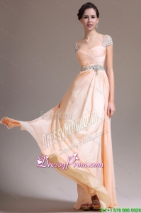 Elegant Empire Straps Beaded Prom Dresses with Cap Sleeves