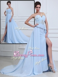 The Super Hot Brush Train Sweetheart Beading Sexy Prom Dresses in Light Blue