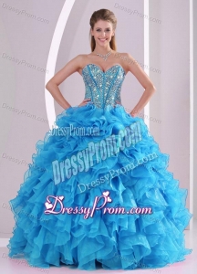 Teal Sweetheart Organza 2014 Quinceanera Gowns with Fitted Waist