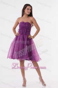 A-line Purple Strapless Appliques Organza Knee-length Prom Dress