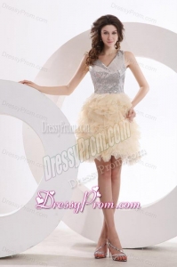 A-line Champagne V-neck Sequins Knee-length Prom Dress
