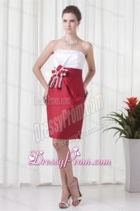 Column Strapless Red and White Mini-length Ruching Prom Dress