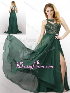 2016 New Style Empire Chiffon Laced and High Slit Dama Dress in Dark Green