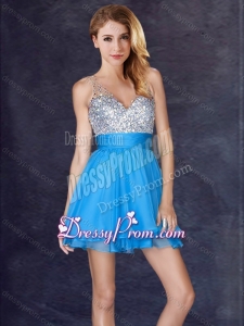2016 Hot Sale Backless Chiffon Baby Blue Short Prom Dress with Sequins