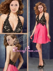 2016 Popular Halter Top Backless Laced Christmas Party Dress in Coral Red and Black