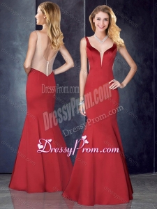 2016 Simple Mermaid Straps Satin Red Prom Dress with See Through Back