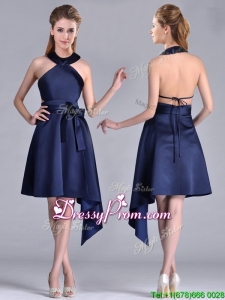 2016 Elegant Halter Top Asymmetrical Navy Blue Prom Dress in Satin